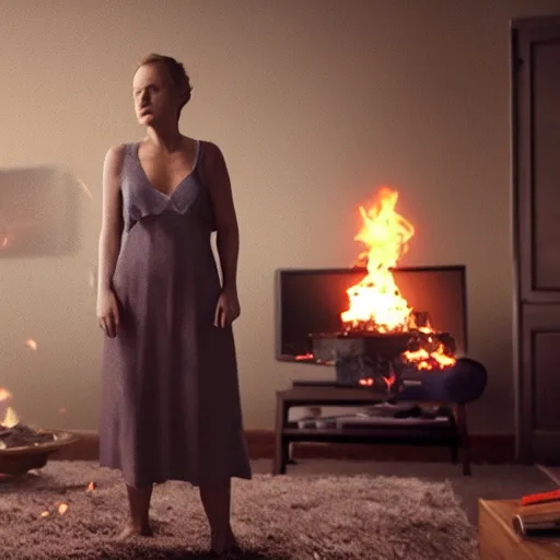 Image similar to a woman standing in a living room next to a fire, concept art by gregory crewdson, reddit contest winner, video art, movie still, colorized, playstation 5 screenshot