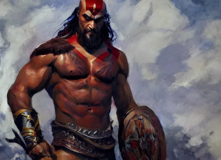 Image similar to a highly detailed beautiful portrait of jason momoa as kratos, by gregory manchess, james gurney, james jean