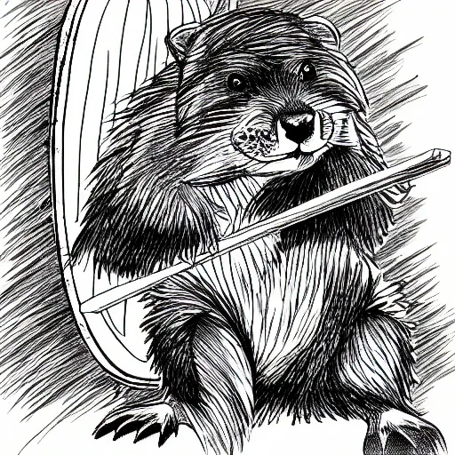 Image similar to a manga drawing of a beaver with an spear and a shield