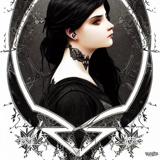 Image similar to a vector illustration of a sad goth girl with tattoo, intricate, elegant, highly detailed, digital painting, artstation, smooth, sharp focus, vector illustration, art by artgerm and greg rutkowski and alphonse mucha and william - adolphe bouguereau