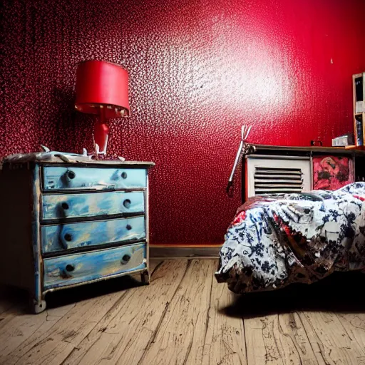 Prompt: male christian artist's messy, cluttered, dirty bedroom with black wallpaper with blue floral pattern and a large bold red christian cross crucifix on the wall. items covering floor. realistic, highly detailed, sharp focus, volumetric lighting, full shot, 3 5 mm, unreal engine