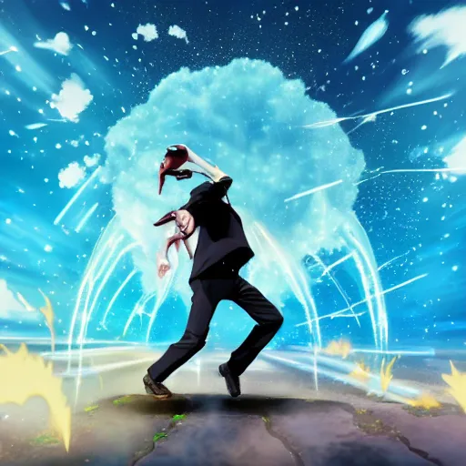 Image similar to man hitting the ground creating a explosion, anime, album cover, rain