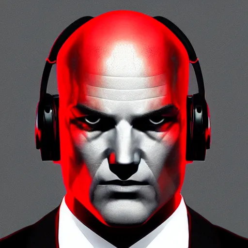 Image similar to a portrait of agent 4 7 from hitman wearing headphones, black background, red rim light, highly detailed, smooth, sharp focus, art by maciej kuciara