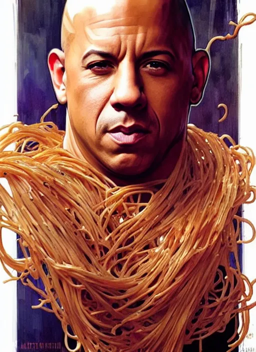 Image similar to vin diesel covered in spaghetti, painting by artgerm and greg rutkowski and alphonse mucha