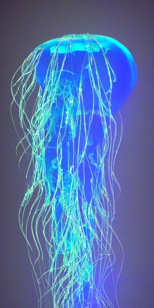 Image similar to at night, very close detailed closeup of big blue jellyfish glowing in the night revealing a beautiful mermaid,