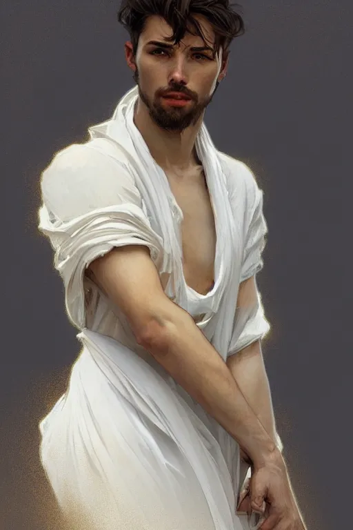 Image similar to portrait of the most beautiful young male ever, modern style, by greg rutkowski and alphonse mucha, d & d character, gradient white to gold, highly detailed portrait, in front of an urban background, digital painting, artstation, concept art, smooth, sharp focus ilustration, artstation hq