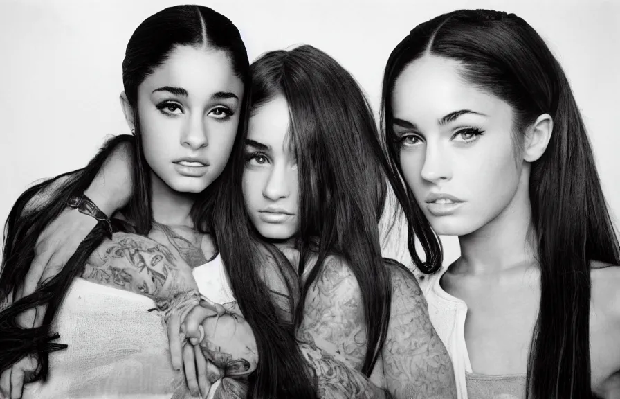 Prompt: award winning photo of Ariana Grande together with Megan Fox, symmetrical face by Sally Mann & Arnold Newman