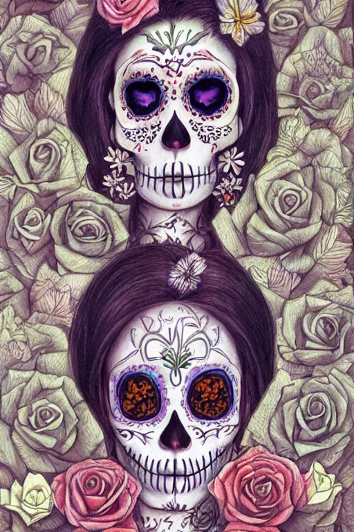 Image similar to Illustration of a sugar skull day of the dead girl, art by daniel merriam