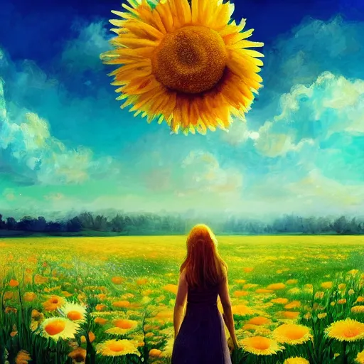 Prompt: head made of giant daisies, girl standing in a vast flower field, holding flowers, surreal photography, sunrise dramatic light, impressionist painting, colorful clouds, large sky, digital painting, artstation, simon stalenhag, flower face