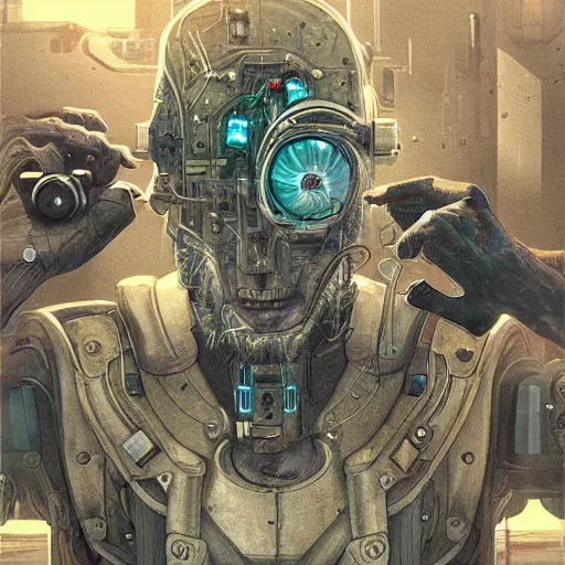 Prompt: Ultra realistic illustration of an old man cyborg cyberpunk sci-fi fantasy dystopian art nouveau