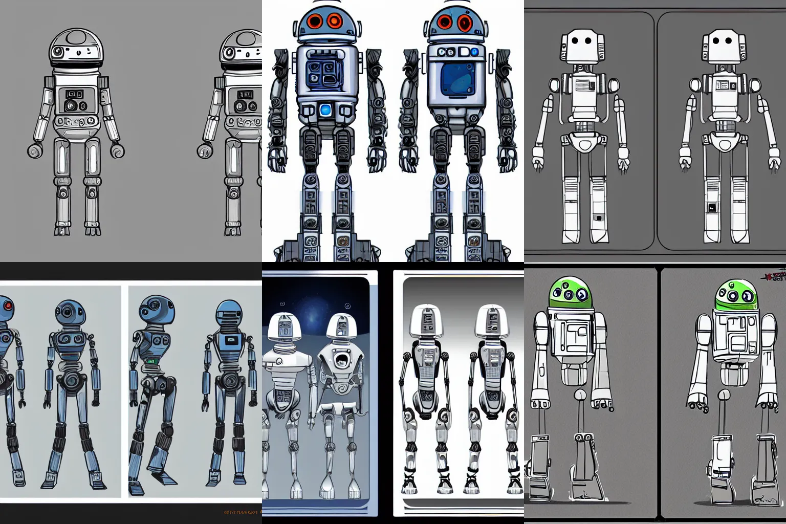 Prompt: concept art character sheet, front and side view of the same cute droid, from a space themed Sierra point and click 2D graphic adventure game, made in 2019, high quality graphics