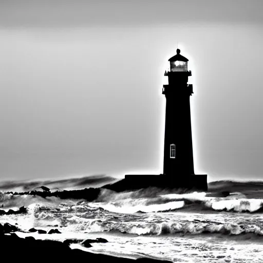 Image similar to stormy ocean at midnight, dark storm clouds overhead, lighthouse in the background concealed by fog, hurricane, dark midnight sky