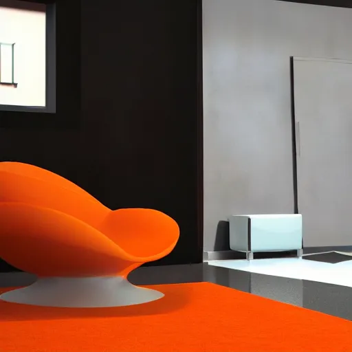 Image similar to 3 d rendering of an orange - shaped chair. 4 d cinema. high fidelity. high quality. architecture.