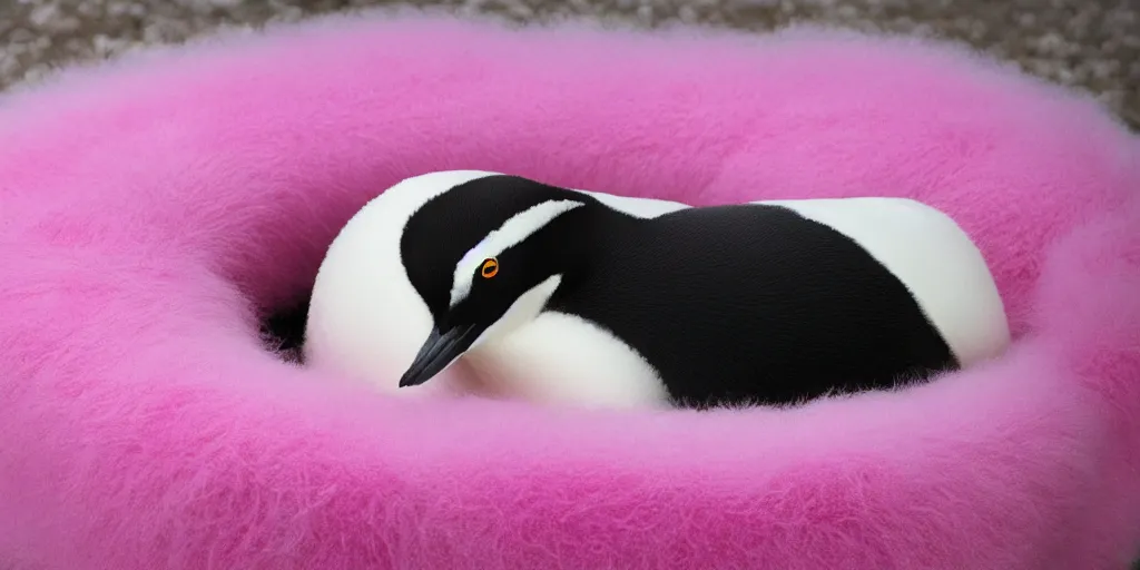 Image similar to realistic penguin sitting in an pink fluffy bed