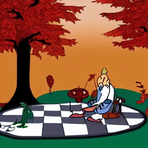 Prompt: dragon playing chess at a park in autumn, upa animation, upa cartoon, cel animation style