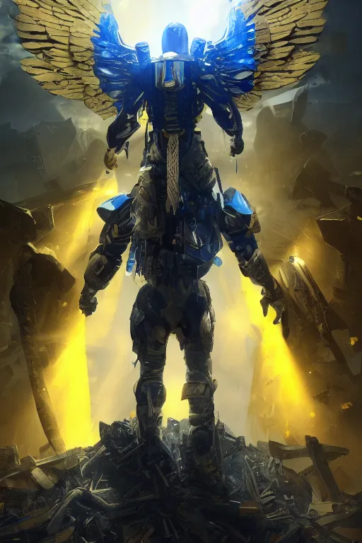 Image similar to A cinematic shot from behind, military super soldier with angel wings with a blue and yellow flag behind him is standing on a pile of skulls in triumph, concept art, сinematic lighting, insanely detailed, smooth, sharp focus, Artstation, 8k, unreal engine, hyper realistic, steampunk style, bright background, moonlight, volumetric lighting, wallpaper, digital illustration by Ruan Jia and Mandy Jurgens and Artgerm and Wayne Barlowe and Greg Rutkowski and Zdislav Beksinski