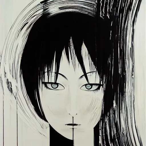 Prompt: Renaissance oil portrait of a manga style girl with short white hair and black eyes in the style of Yoshitaka Amano, abstract black and white background, large film grain, expressive brush strokes