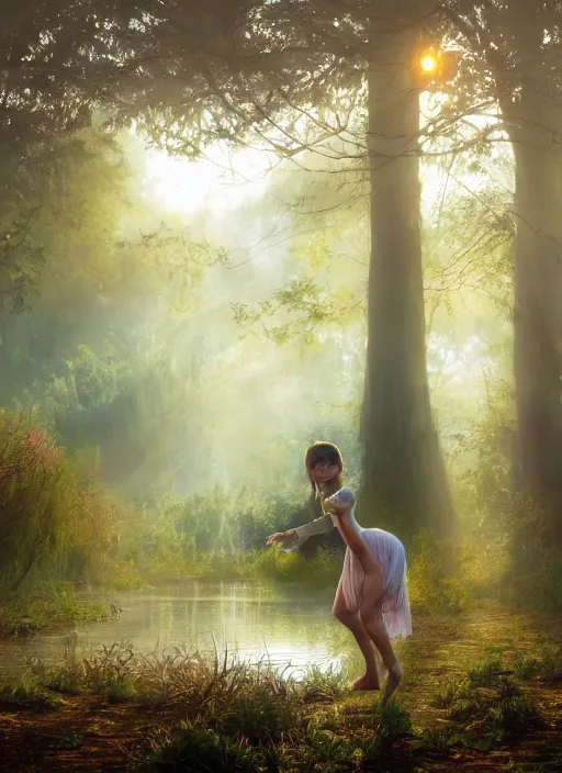 Image similar to misty swamp, hazy fog, sundown golden hour, girls early morning dance, smile, fireflies and sparkling wisps, sun rays through trees, Lilia Alvarado, Sophie Anderson, Mark Arian, Bob Byerley, Charlie Bowater, Mark Brooks, Steve Henderson, Justin Gerard, Arthur Hughes, Edward Robert Hughes, Mark Keathley, Victor Nizovtsev, Carlos Shwabe, Ross Tran, WLOP