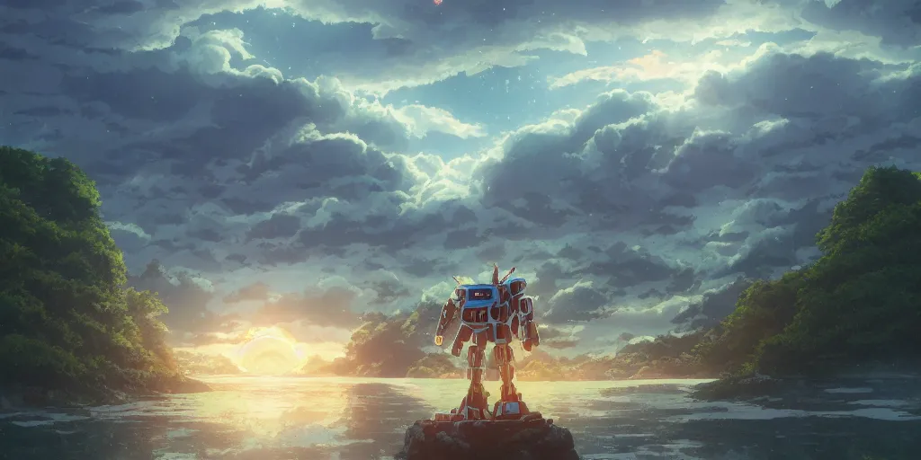 Prompt: Mecha standing near the river, beautiful landscape made by Studio Ghibli, volumetric lighting, highly detailed art, concept art, Greg Rutkowski, Ayami Kojima, James Jean, Yoshitaka Amano, sunset, beautiful scene, shooting stars, sharp focus, smooth, 8k, anime art,depth of field, dynamic sky