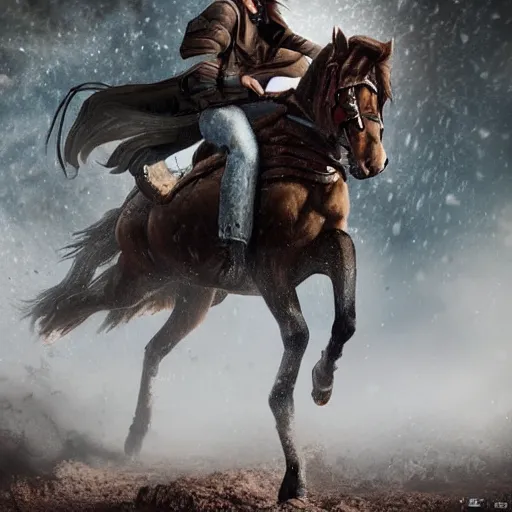 Prompt: eren yeager riding minecraft horse, beautiful face, stunning, octane render 8 k hdr, redshift render, rule of thirds, cinematic lighting, rainy weather, melancholy atmosphere, sharp focus, backlit, smooth, hard focus, full body shot, instagram photo, shot on sony a 7 iii, hyper realistic, cinematic