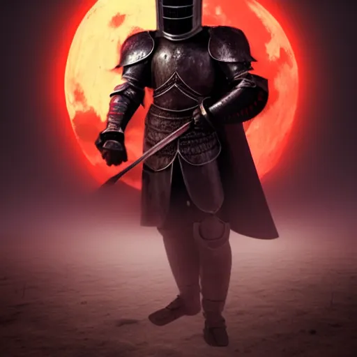 Prompt: a knight clad in dark armor removing his helmet as he basks under the light of the red moon