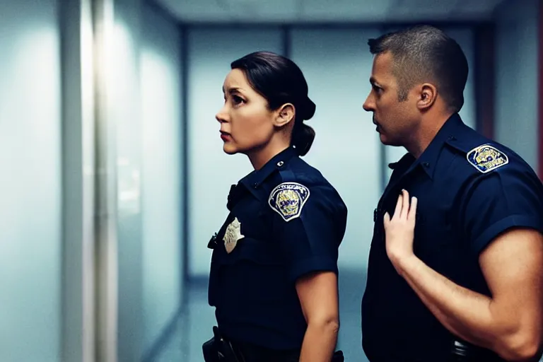 Image similar to vfx film closeup, police detective couple arguing in police precinct, over the shoulder shot, flat color profile low - key lighting award winning photography arri alexa cinematography, hyper real photorealistic cinematic beautiful natural skin, famous face, atmospheric cool colorgrade