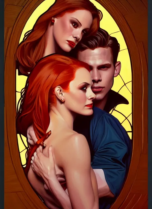 Prompt: oil painting of cheryl blossom and jason blossom, intricate, elegant, highly detailed, lighting, painting, artstation, smooth, illustration, art by greg rutowski and alphonse mucha