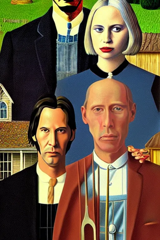 Image similar to painting of Keanu Reeves and Lady Gaga as the couple in American Gothic in the style of Grant Wood