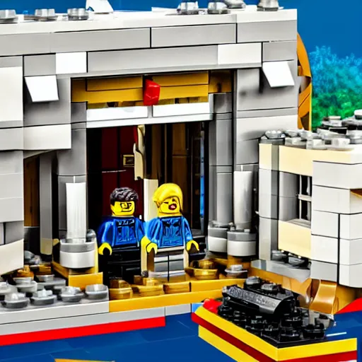 Image similar to promotional photo for a lego set of the mar - a - lago fbi raid, close up photograph, high detail