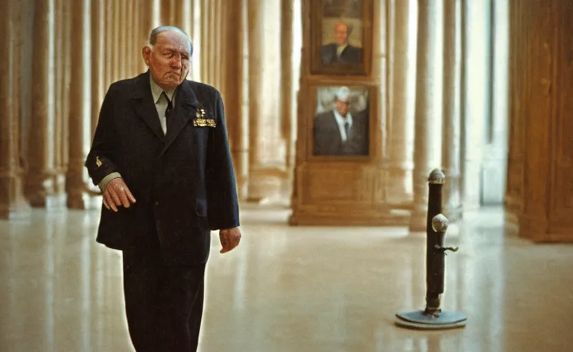 Prompt: 50s movie still close-up portrait of an elder soviet general walking in an empty museum, by David Bailey, Cinestill 800t 50mm eastmancolor, heavy grainy picture, very detailed, high quality, 4k, HD criterion, low quality, precise texture and facial expression