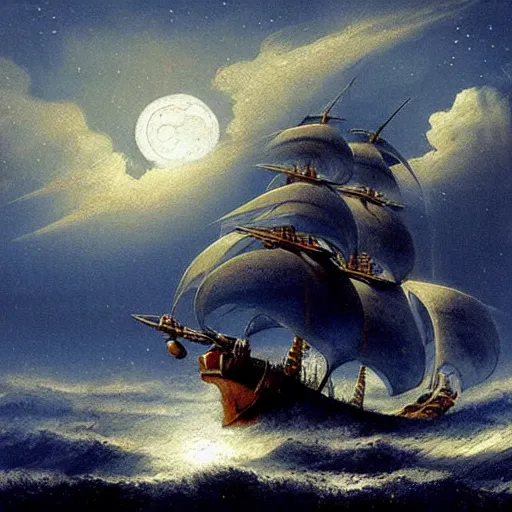 Image similar to moonlit ocean, stars in sky, pirate ship flying in the sky by peter balke