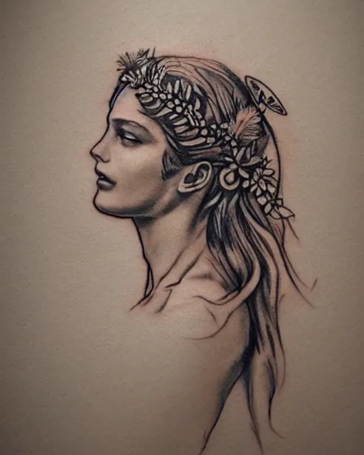 Image similar to realism tattoo sketch of a beautiful greek goddess aphrodite wearing a laurel wreath and arrowhead earrings, beautiful confident eyes, beautiful flowing hair, glowing god eyes, hyper realistic face, in the style of greg rutkowski, fantasy, amazing detail, epic, elegant, smooth, sharp focus, from the front