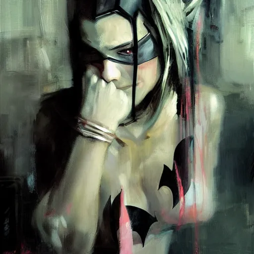 Image similar to a feminine version of female batman jeremy mann painting