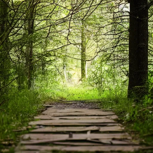 Image similar to path leading to an entrance with a gate to a forest with an abandoned wooden house