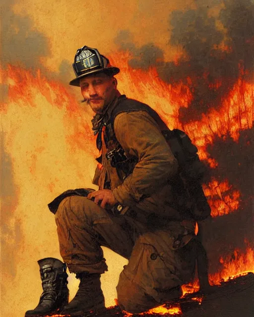 Image similar to tom hardy as a firefighter at a burning nyc building, smoke and flames, painting by gaston bussiere, craig mullins, j. c. leyendecker