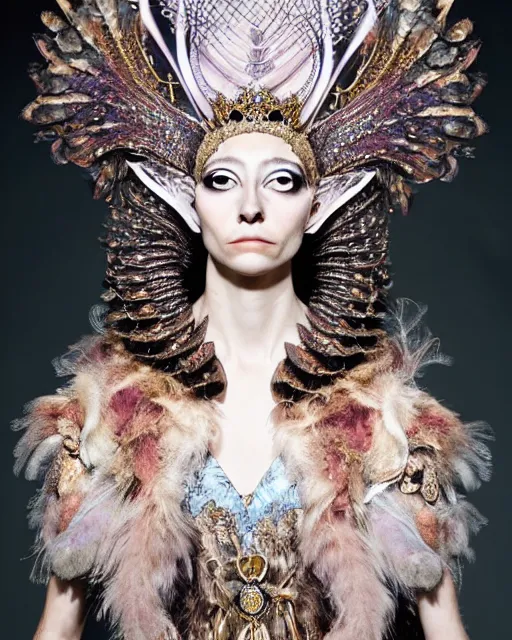 Prompt: a fantasy owl queen, beauty portrait, opulent costume inspired by iris van herpen