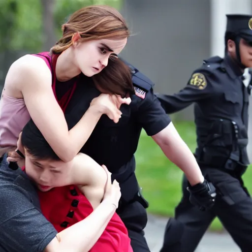 Prompt: angry emma watson putting xi jinping in a headlock as security agents close, trending on artstation