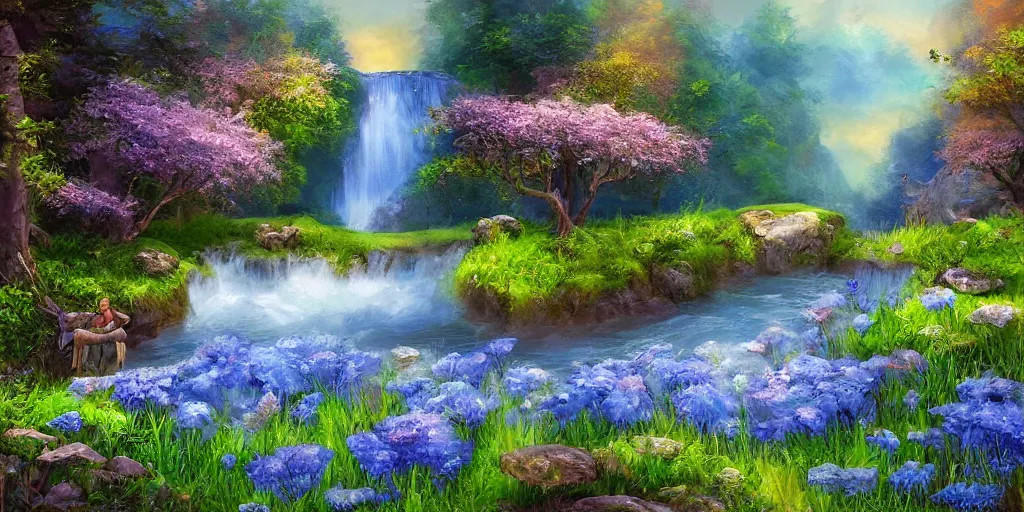 Prompt: a fantasy meadow landscape with waterfall, lake, river, and patches of blue flower, digital art, painterly