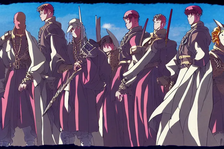 Image similar to cel shaded anime study of a group of wizard mercenaries in a late renaissance city, key visual with intricate linework, in the style of moebius, ayami kojima, 90's anime, retro fantasy, manga