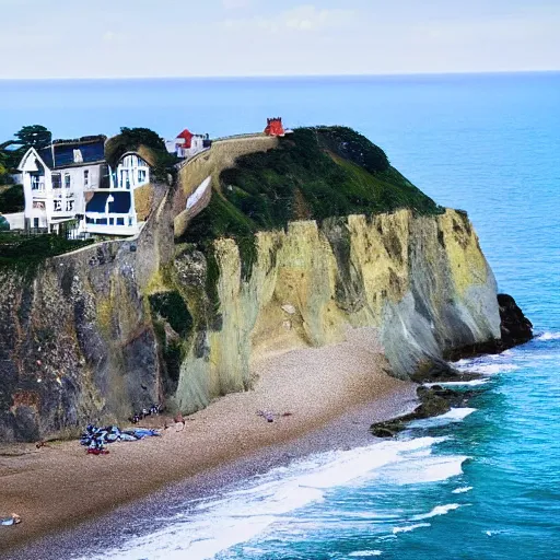 Image similar to a picture of a huge seaside cliff with a beach at the bottom, and small bronen huts in the beach, and a huge mansion on the top of the cliff :: a portrayal of the inequality of living confitions