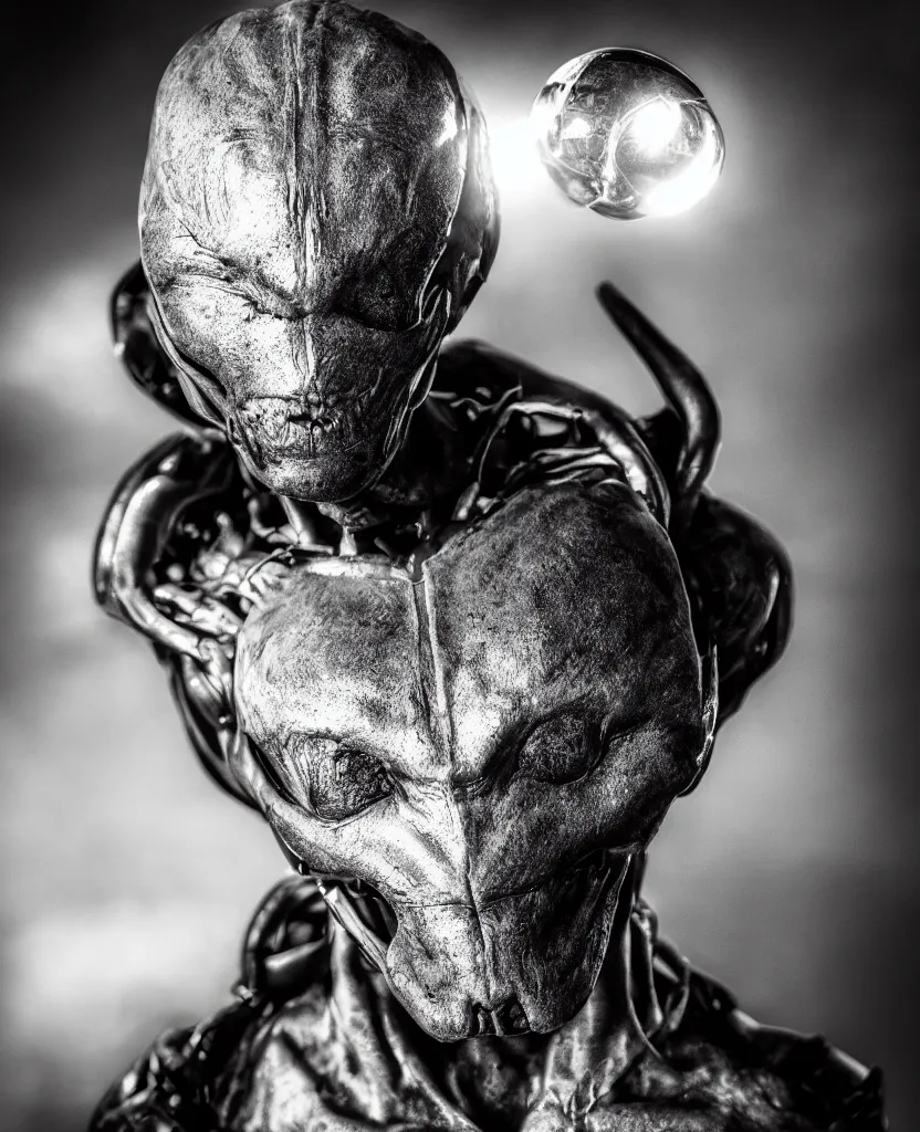 Prompt: a heroic portrait of a humanoid alien, low camera angle, 50mm lens, dramatic rim lighting