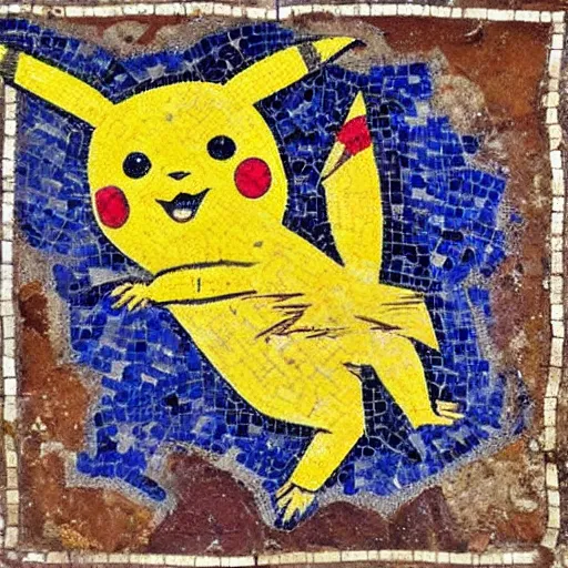 Prompt: roman mosaic showing pikachu. object located in pompeii. object dated back to 2 nd century bce.