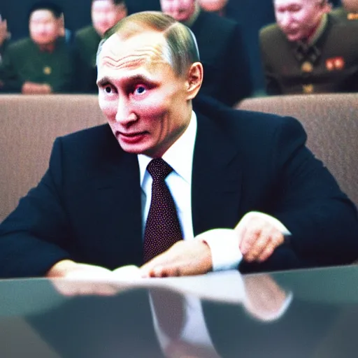 Image similar to sony 35mm photo of kim jong putin. Soft light, high quality