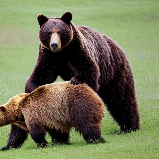 Image similar to a photo of a bear in a field. Jerome Powell is sitting on top of the bear. Jerome powell is riding the bear like a horse.