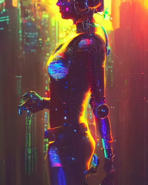 Image similar to a cyberpunk close up portrait of enchanting cyborg cleopatra, electricity, rainbow, sparks, bokeh, soft focus, sparkling, glisten, water drops, cold, dark, geometric, temples behind her, by paul lehr, jesper ejsing