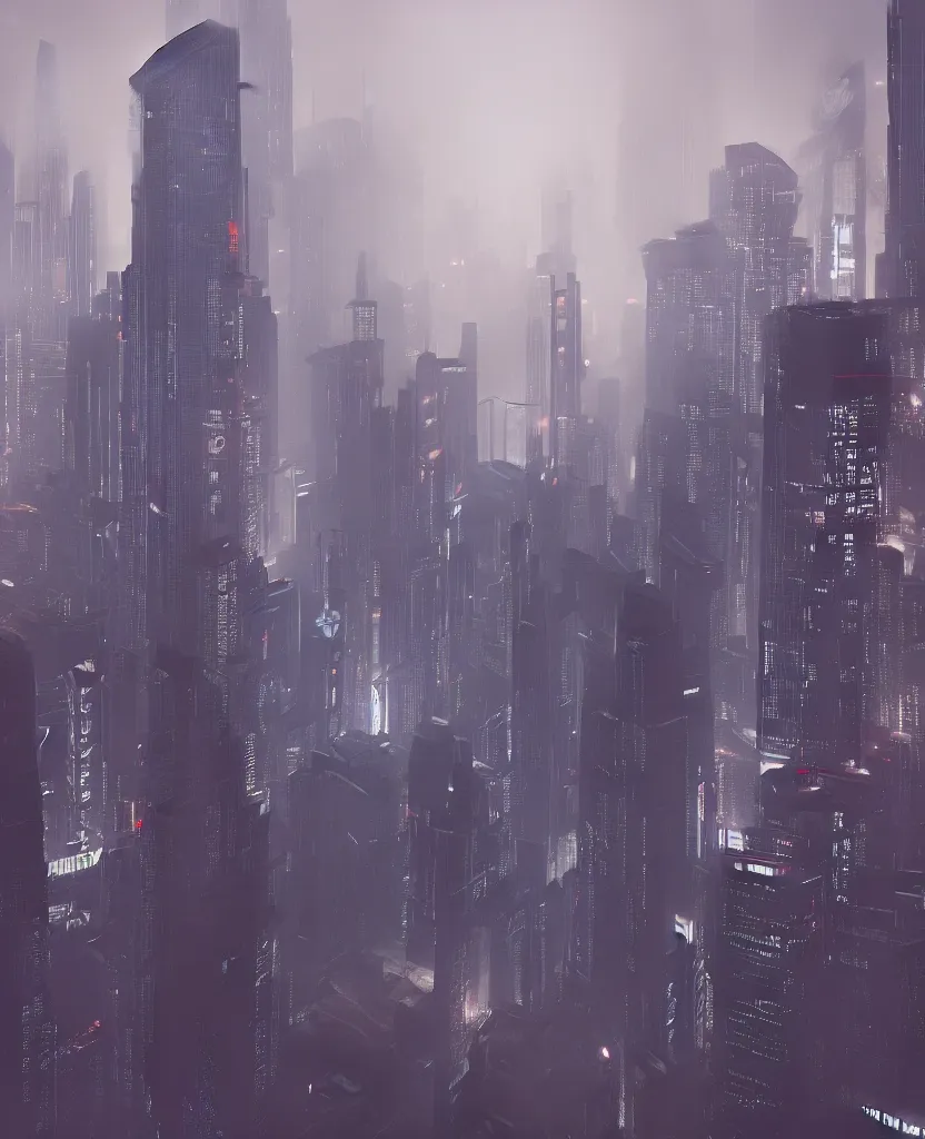 Prompt: Large cyberpunk single skyscraper in city, octane render, foggy atmosphere, style of bladerunner