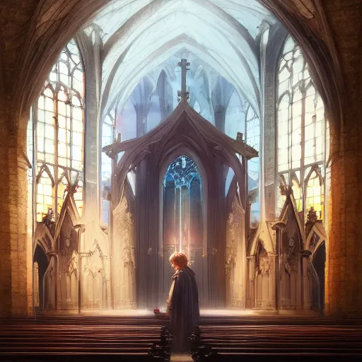 Image similar to angel protecting man who is praying inside a gothic church by Stanley Artgerm Lau, WLOP, Rossdraws, James Jean, Andrei Riabovitchev, Marc Simonetti, Yoshitaka Amano, ArtStation, CGSociety