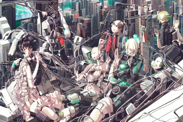 Image similar to cyberpunk anime illustration of a group of female android dolls lying in various poses over an spacious, empty white floor background with their bodies open showing wires and cables coming out, by katsuhiro otomo and masamune shirow, hyper-detailed, colorful, beautiful, bird view