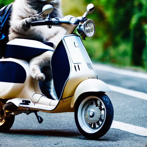 Image similar to cat riding an italian vespa scooter, photography 4 k