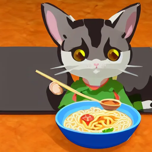 Image similar to Cute kawaii cat eating a bowl of ramen in The Legend of Zelda Breath of the Wild, toon shading, npr, portrait, no background